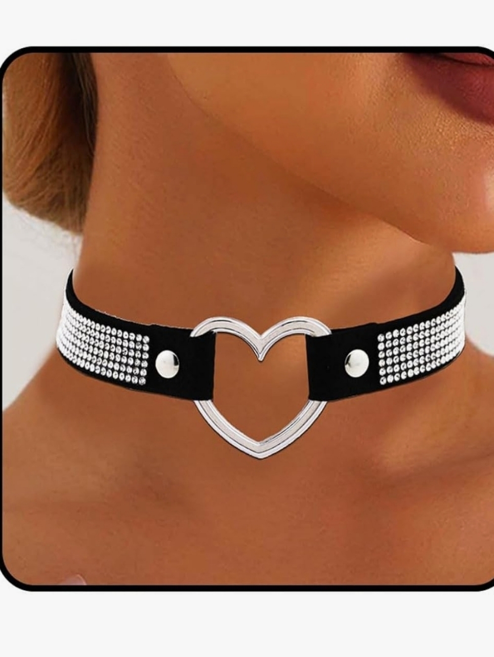 Black Heart Choker with Silver Rhinestones